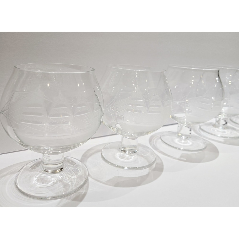 6 Toscany Clipper Schooner Ship Etched Crystal Glass Brandy Snifters